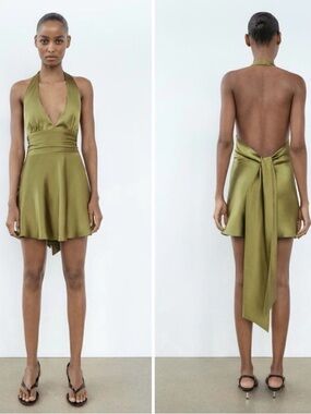 Zara Olive Halter Satin Effect Mini Dress